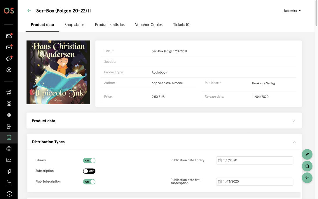 Product detail page for an audiobook in the Bookwire OS dashboard with cover image, title, subtitle, release dates and selectable business models such as library and subscription.