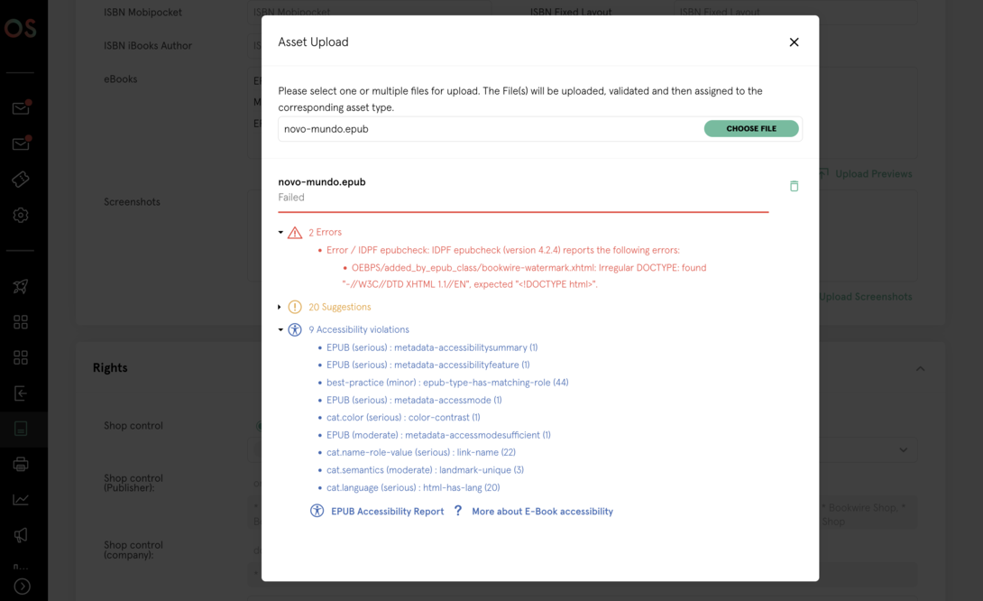 Dialogue box for uploading an e-book file with progress bar, error messages and test results for EPUB validation in a web application.