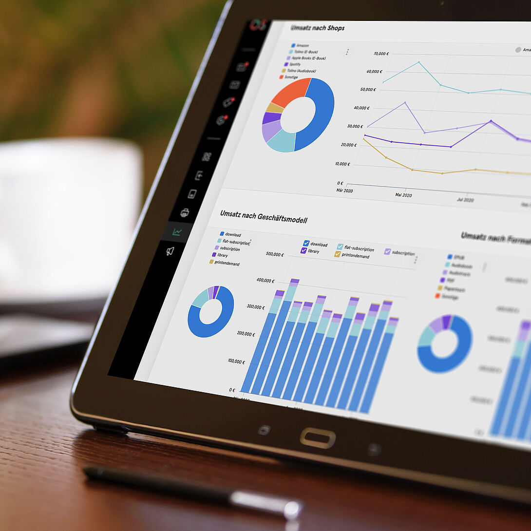 Tablet on a table with an open analytics dashboard displaying charts and graphs showing sales and business performance in a clear layout.