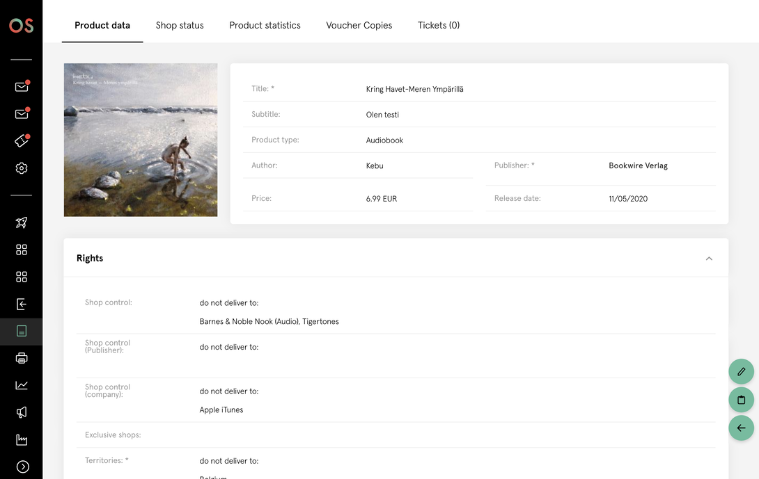 Product detail view of an audiobook in the Bookwire OS dashboard with cover image, title, metadata such as author, price and publication date, as well as an overview of distribution and usage rights.
