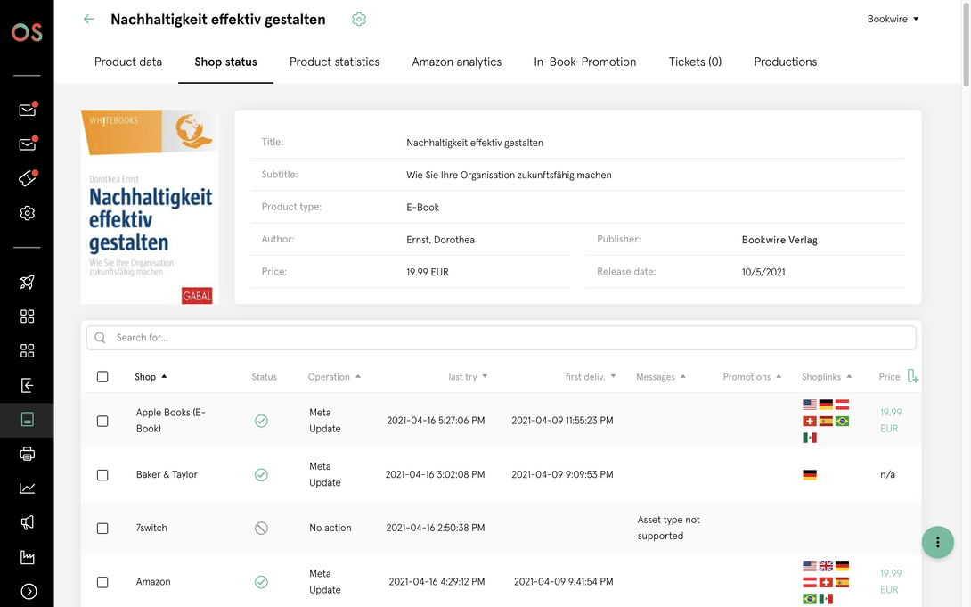 Overview page of a Bookwire OS dashboard showing shop status for a product, displayed as a table with sales channels, publication status, timestamps and country codes.