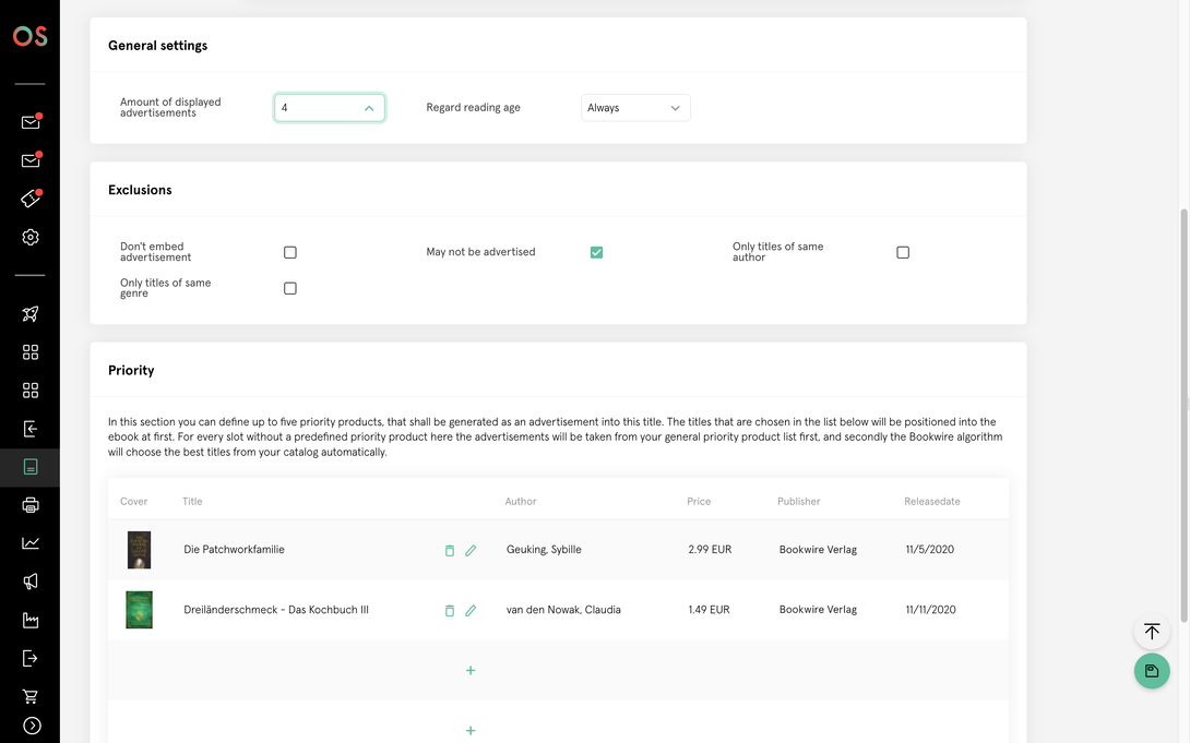 Settings page in a web dashboard with general display options, selectable exceptions, and a prioritized product list with cover images and metadata.