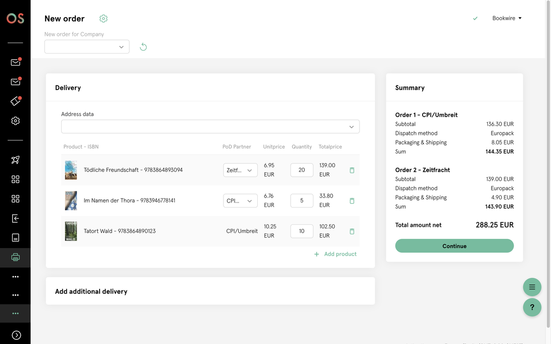 Order overview in Bookwire OS with delivery details, listed products, shipping methods and a summary of the total costs including VAT.