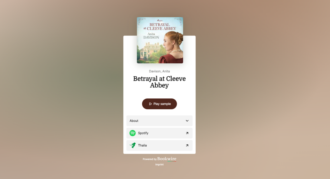 Landing page for the audiobook ‘Betrayal at Cleeve Abbey’ by Anita Davison featuring the cover image, a play sample button, and platform links such as Spotify and Thalia.